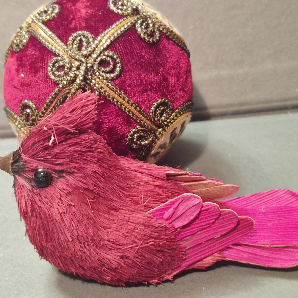 Vintage Burhundy Velvet Cross Stich Ball Red Bird Ornaments Hol8day Christmas - Picture 7 of 9